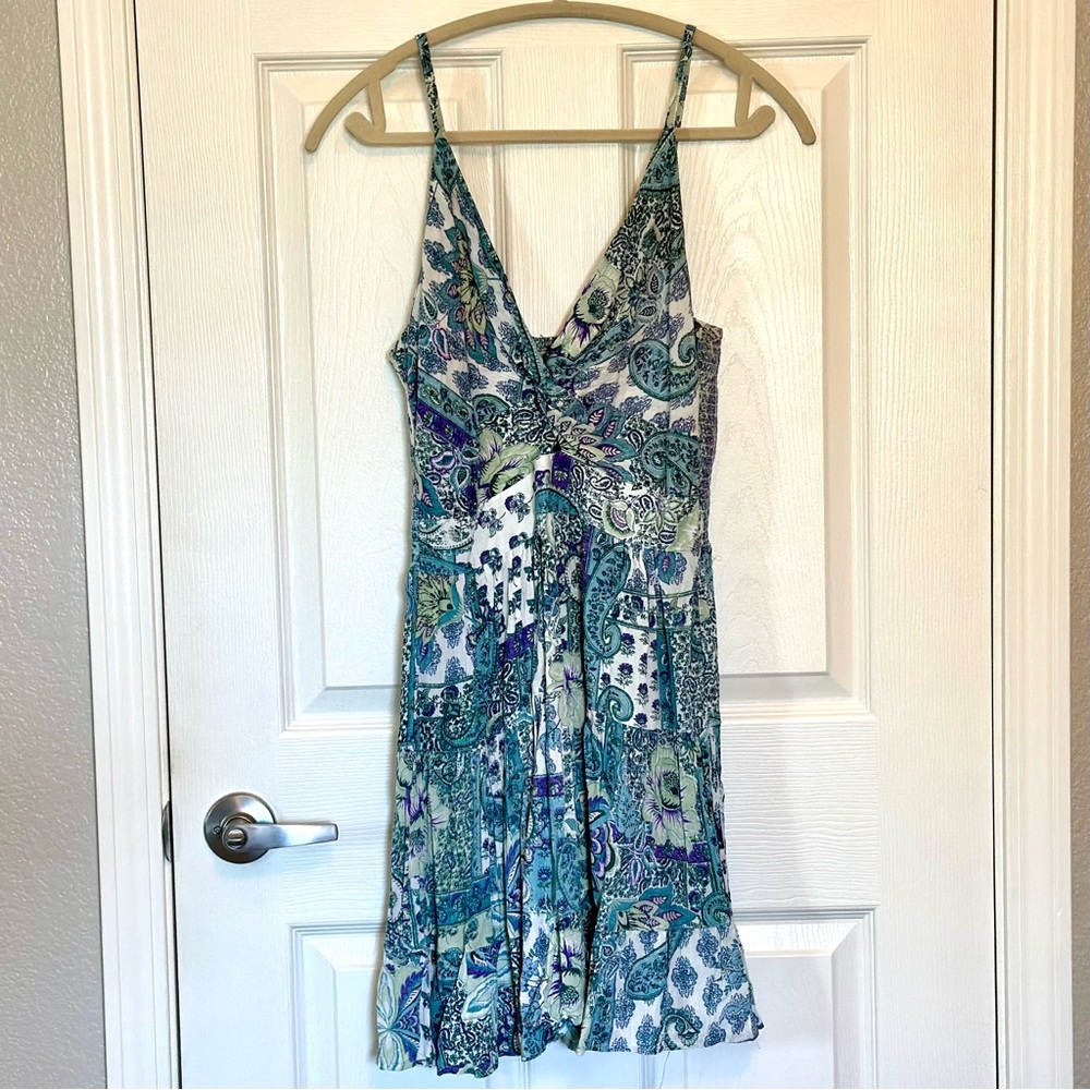 Angie Blue Green Purple Paisley Keyhole Mini Sun Dress - L